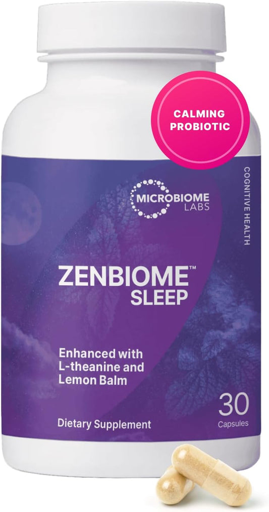 Microbiome Labs ZenBiome Sleep – Clinically Studied Bifidobacterium longum 1714™ Probiotic Supplement with L-Theanine & Lemon Balm – Sleep & Bedtime Support, Shelf-Stable – 30 Capsules