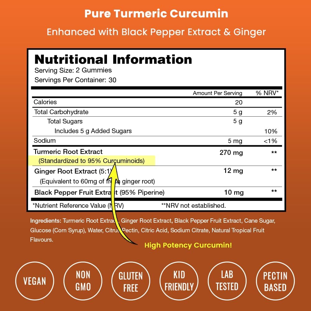 Turmeric Gummies for Adults & Kids with Ginger & Black Pepper Extract | 95% Curcuminoids | Vegan Natural Curcumin | Joint Support | 120 Tumeric Gummy Supplements