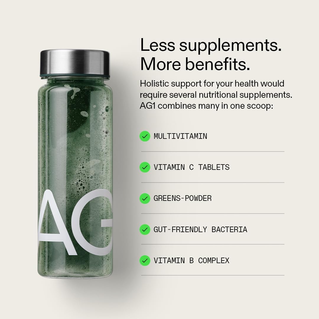 AG1 Greens Powder Supplement | Daily Nutrient Boost: Vitamins, Minerals, Gut-Friendly Bacteria, Gluten Free, Vegan and Keto Friendly | 70+ Ingredients by AG1 Athletic Green
