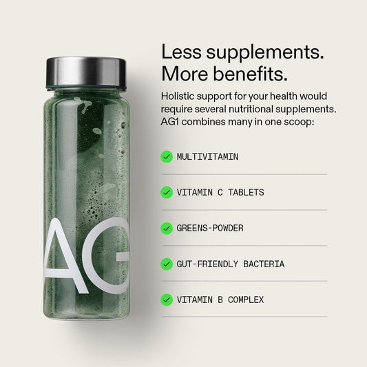AG1 Greens Powder Supplement | Daily Nutrient Boost: Vitamins, Minerals, Gut-Friendly Bacteria, Gluten Free, Vegan and Keto Friendly | 70+ Ingredients by AG1 Athletic Green