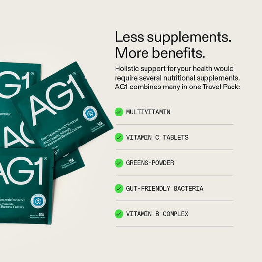 AG1 Greens Powder Supplement | Daily Nutrient Boost: Vitamins, Minerals, Gut-Friendly Bacteria, Gluten Free, Vegan and Keto Friendly | 70+ Ingredients by AG1 Athletic Greens (Travel Packs, 30 Count)