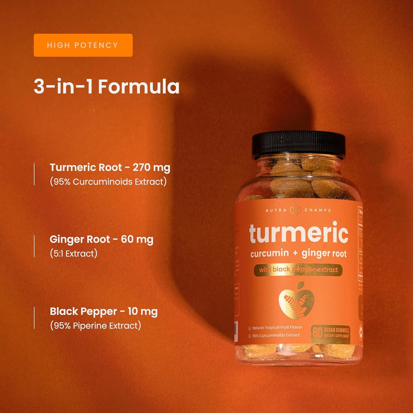 Turmeric Gummies for Adults & Kids with Ginger & Black Pepper Extract | 95% Curcuminoids | Vegan Natural Curcumin | Joint Support | 120 Tumeric Gummy Supplements