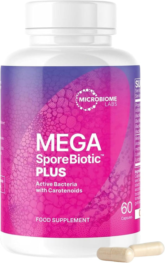 Microbiome Labs MegaSporeBiotic Plus with Antioxidants - Spore Based Probiotic, Active Bacteria Daily Supplement for Men & Women, 4 Bacillus Strains for Gut Health - Vegan Probiotics (60 Capsules)
