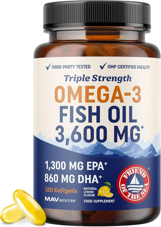Triple Strength Omega 3 Fish Oil 3600 mg | EPA & DHA | Over 2100mg Omega-3 Fatty Acids | 1300mg EPA + 860mg DHA | Best Essential Fatty Acids | Premium Wild Caught & Burpless Fish Oil | 120 Ct