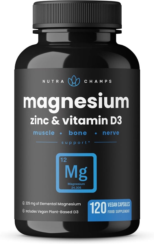 NutraChamps Magnesium Zinc & Vitamin D3 Supplement - Most Bioavailable Forms; Magnesium Glycinate, Malate, Citrate - Bone, Muscle & Heart Health, Immune Support - 120 Vegan Capsules