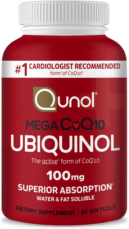 Qunol Mega Ubiquinol CoQ10 100mg, Superior Absorption, Patented Water and Fat Soluble Natural Supplement Form of C0Q10, Antioxidant for Heart Health, 60 Count Softgels