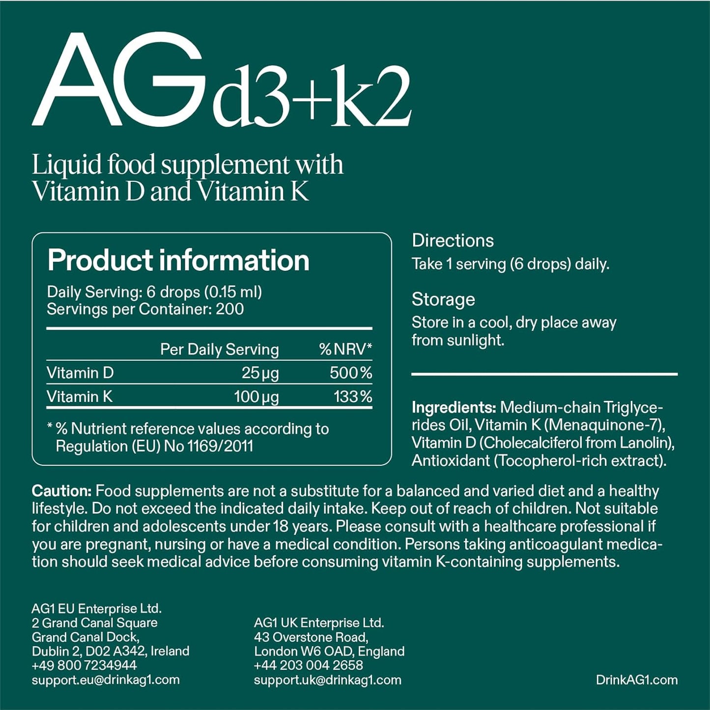 AG1 Vitamin D3 K2 Drops, 1000IU of Vitamin D3 and 1000mcg of K2 per Serving, Formulated Separately in Oil Form for Higher Bioavailability (Athletic Greens)