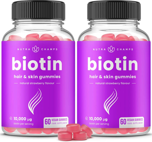 NutraChamps Biotin Gummies 10,000 mcg - Healthy Hair, Skin & Nails for Women, Men & Kids - Vegan, Non-GMO, Hair Vitamins Supplement - Natural Strawberry - 60 Gummies (2 Pack)