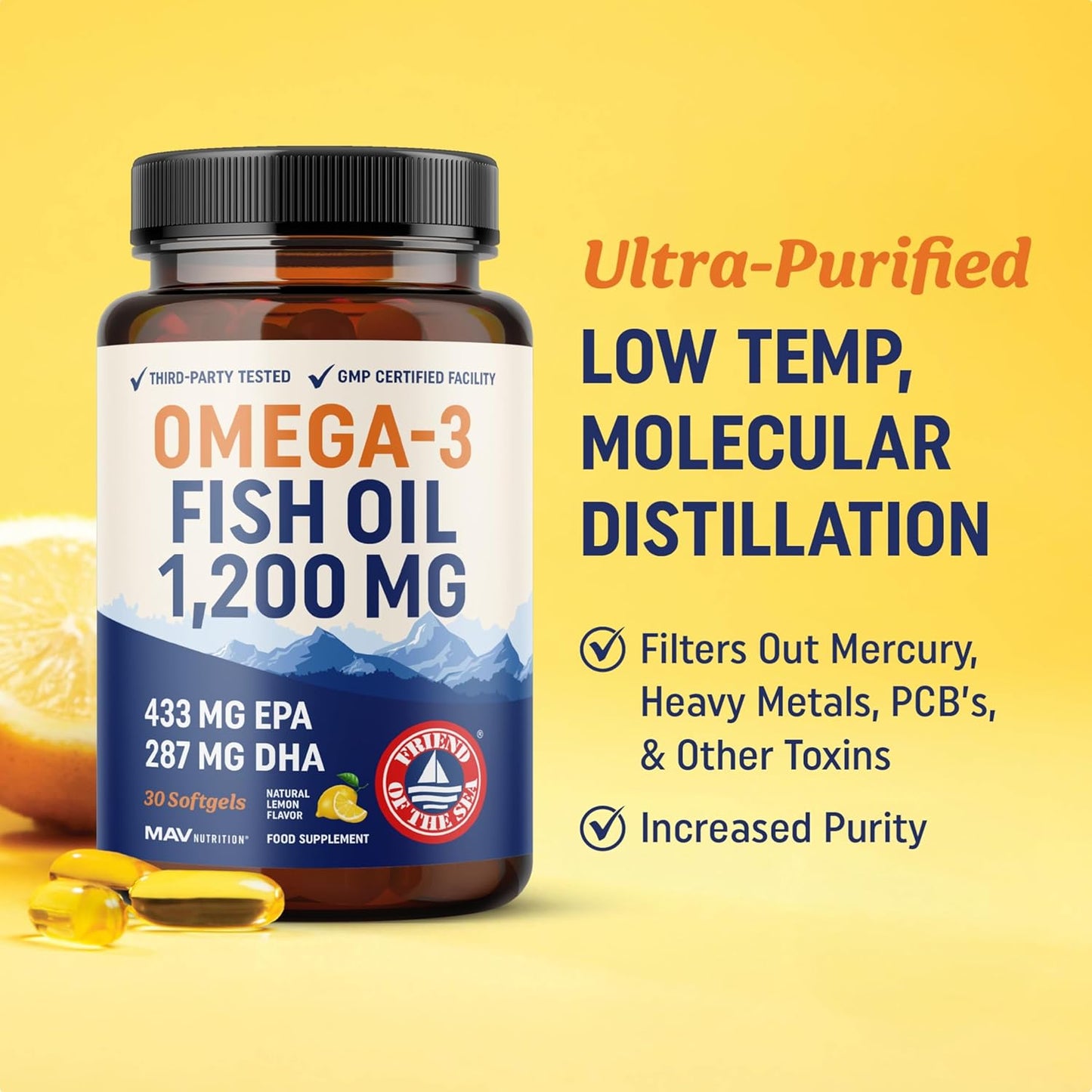 Triple Strength Omega 3 Fish Oil 1200 mg | EPA & DHA | Wild Caught, Sustainably Sourced Omega-3 Fatty Acids | Premium Burpless Omega3s | Best Essential Fatty Acids Softgel Supplements (30 Ct)