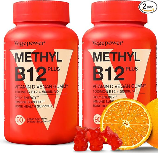 Vitamin B12 1000 mcg Gummies for Adults - Vegan Methyl B12 & D3 5000 IU Vitamin Gummy Supplements for Women - Supports Bone Health & Energy Boost - Non-GMO, Orange Flavor 180 Bears