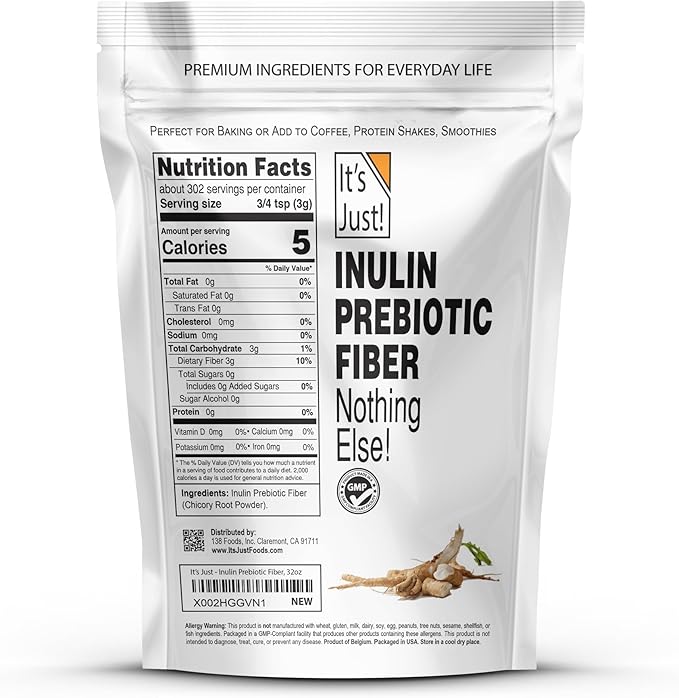 It's Just! - Inulin Prebiotic Fiber, Water Soluble, Chicory Root Powder, Promotes Gut Health, Made in USA, Product of Belgium, Vegan/Keto Friendly