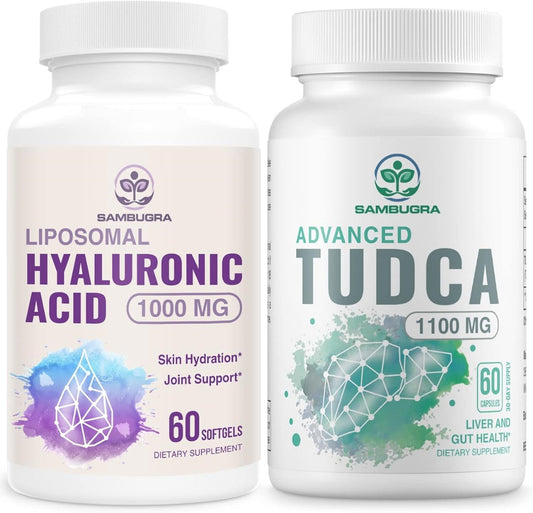TUDCA Supplements 1100mg and Liposomal Hyaluronic Acid Supplements 1000mg, High Bioavailability Supplement (Pack of 2)
