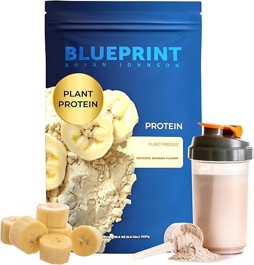 Blueprint by Bryan Johnson Vegan Protein Meal Replacement – Plant Based Hemp Protein with 27g Protein Per Serving – Low Calorie, Flavored Protein for Women & Men – Dairy Free – 15 Servings - Banana
