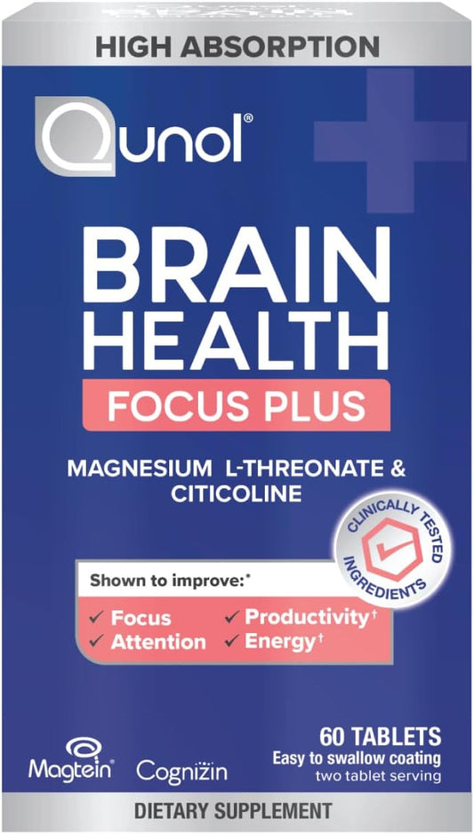 Qunol Brain Health Focus Plus, Magnesium L-Threonate & Citicoline, Clinically Tested Ingredients to Improve Focus, Attention and Productivity, 60 Count (Pack of 1)