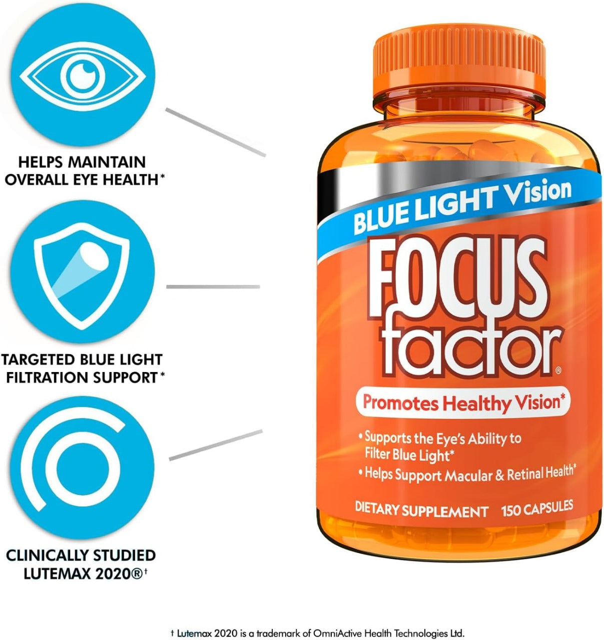 Focus Factor Blue Light Formula (150 Count) - Eye Vitamins with Blue Light Filtration Support - Lutein and Zeaxanthin Supplement with Vitamin C, Vitamin E, Lutemax 2020® - Promote Eye Health