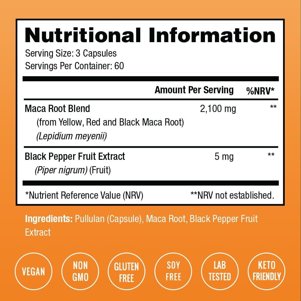 Maca Root Capsules for Women & Men, 2100mg, 180 Capsules, Black, Red & Yellow Peruvian Gelatinized, Highest Potency Maca Root Powder Supplement