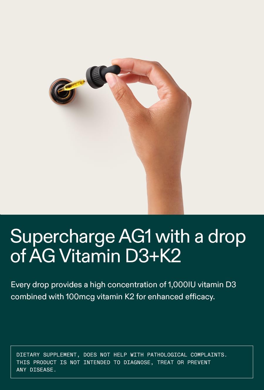 AG1 Vitamin D3 K2 Drops, 1000IU of Vitamin D3 and 1000mcg of K2 per Serving, Formulated Separately in Oil Form for Higher Bioavailability (Athletic Greens)