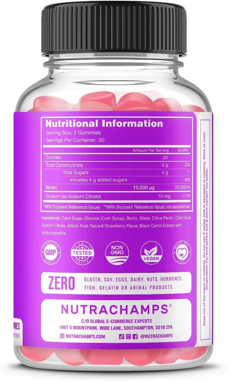 NutraChamps Biotin Gummies 10,000 mcg - Healthy Hair, Skin & Nails for Women, Men & Kids - Vegan, Non-GMO, Hair Vitamins Supplement - Natural Strawberry - 60 Gummies (2 Pack)