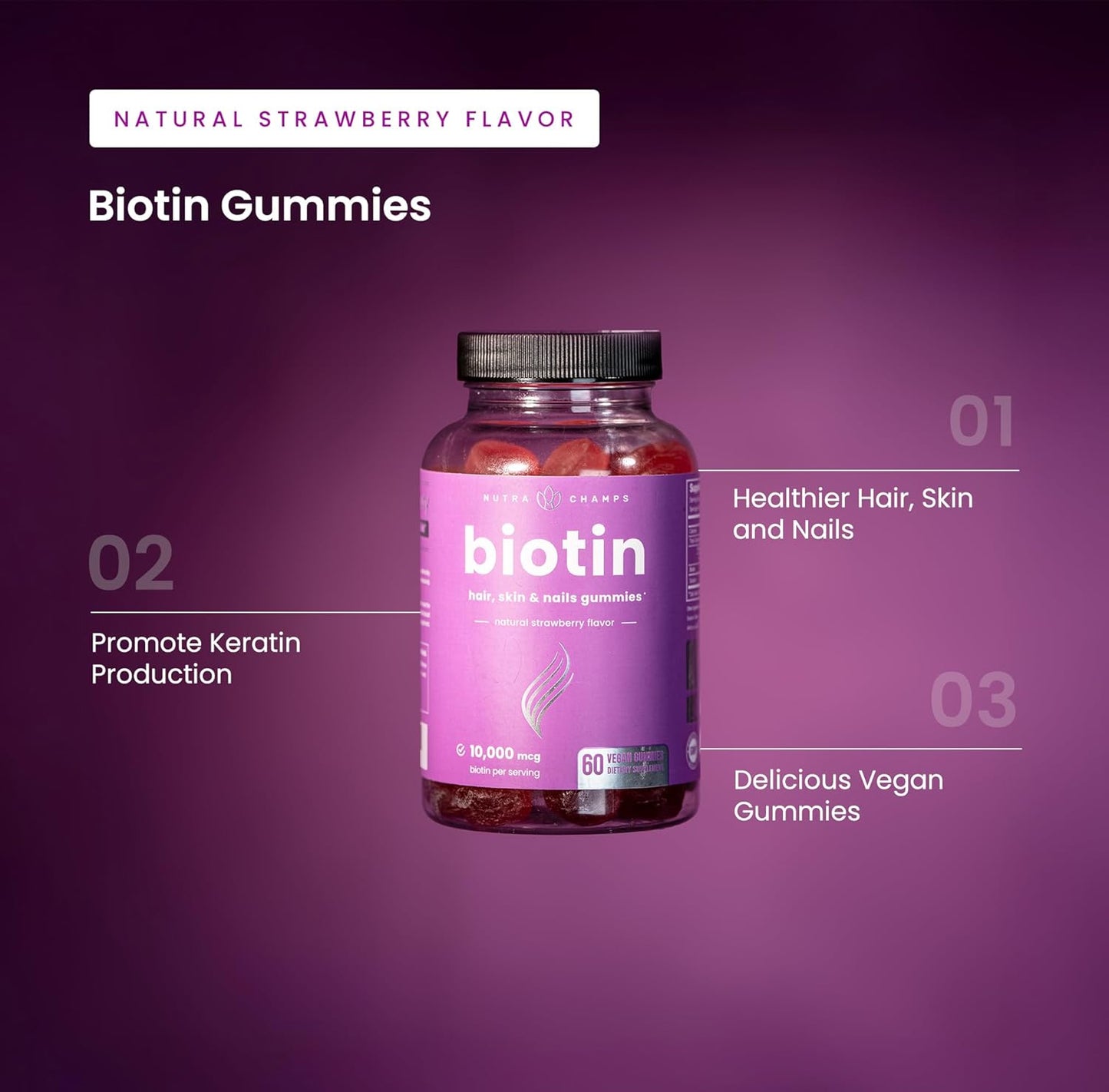 NutraChamps Biotin Gummies 10,000 mcg - Healthy Hair, Skin & Nails for Women, Men & Kids - Vegan, Non-GMO, Hair Vitamins Supplement - Natural Strawberry - 60 Gummies (2 Pack)