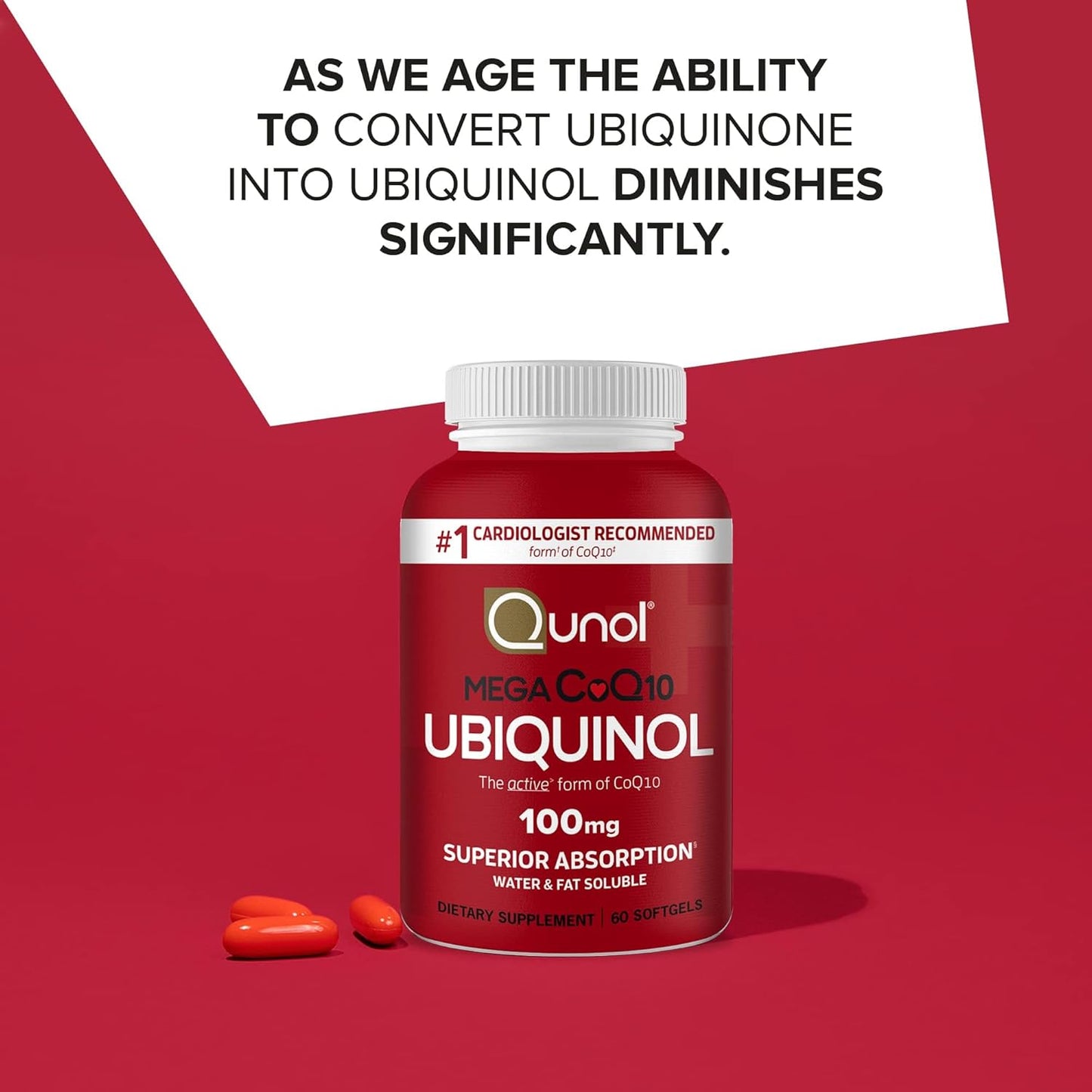 Qunol Mega Ubiquinol CoQ10 100mg, Superior Absorption, Patented Water and Fat Soluble Natural Supplement Form of C0Q10, Antioxidant for Heart Health, 60 Count Softgels