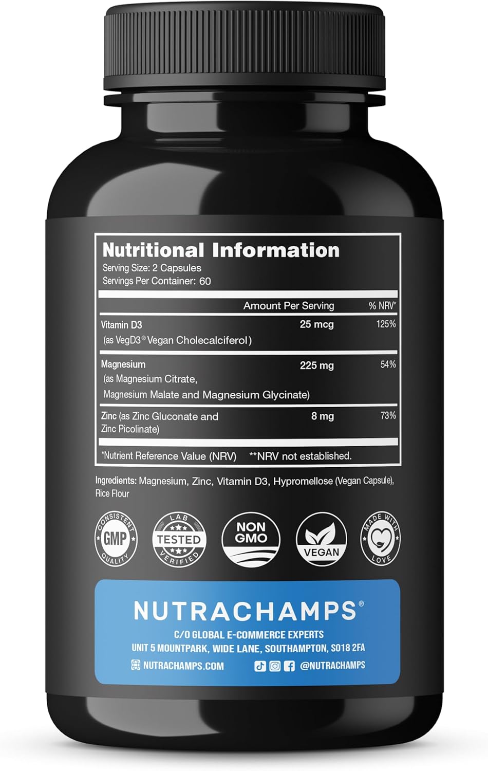 NutraChamps Magnesium Zinc & Vitamin D3 Supplement - Most Bioavailable Forms; Magnesium Glycinate, Malate, Citrate - Bone, Muscle & Heart Health, Immune Support - 120 Vegan Capsules