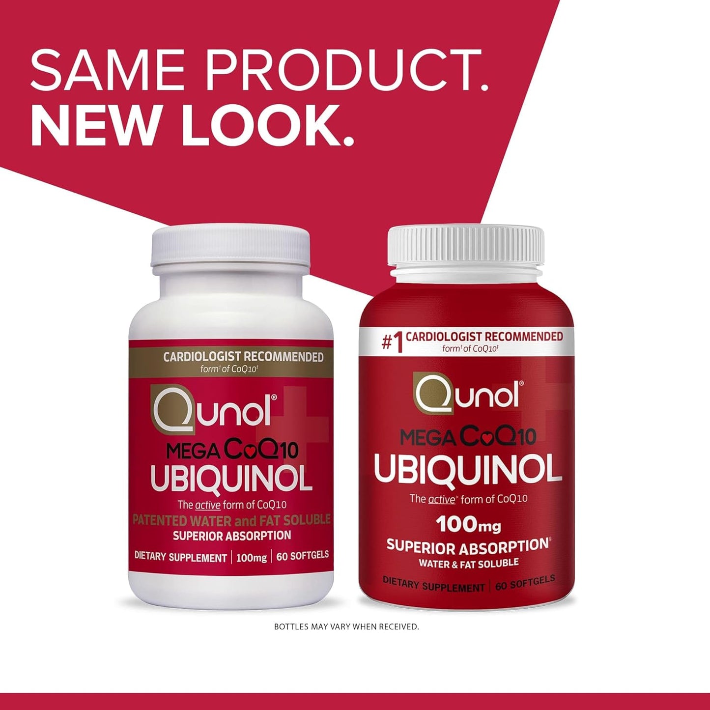 Qunol Mega Ubiquinol CoQ10 100mg, Superior Absorption, Patented Water and Fat Soluble Natural Supplement Form of C0Q10, Antioxidant for Heart Health, 60 Count Softgels