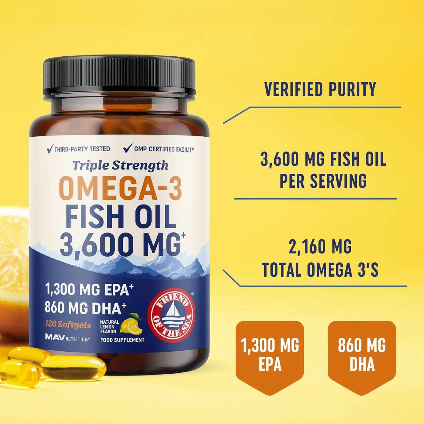 Triple Strength Omega 3 Fish Oil 3600 mg | EPA & DHA | Over 2100mg Omega-3 Fatty Acids | 1300mg EPA + 860mg DHA | Best Essential Fatty Acids | Premium Wild Caught & Burpless Fish Oil | 120 Ct