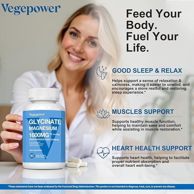 Magnesium Glycinate Supplements 1600mg - with Vitamin B6  Zinc, Vitamin D3, Vegan Bisglycinate Magnesium for Sleep, Muscle, Bone Health, High Absorption, Gentle On Stomach, Non-GMO, 180 Caps