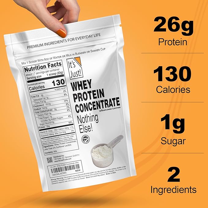 it's Just! - 100% Whey Protein Concentrate, Made in USA, RBST/rBGH Hormone Free, Premium WPC-80, No Added Flavors or Artificial Sweeteners (1.25 Pound, Unflavored)