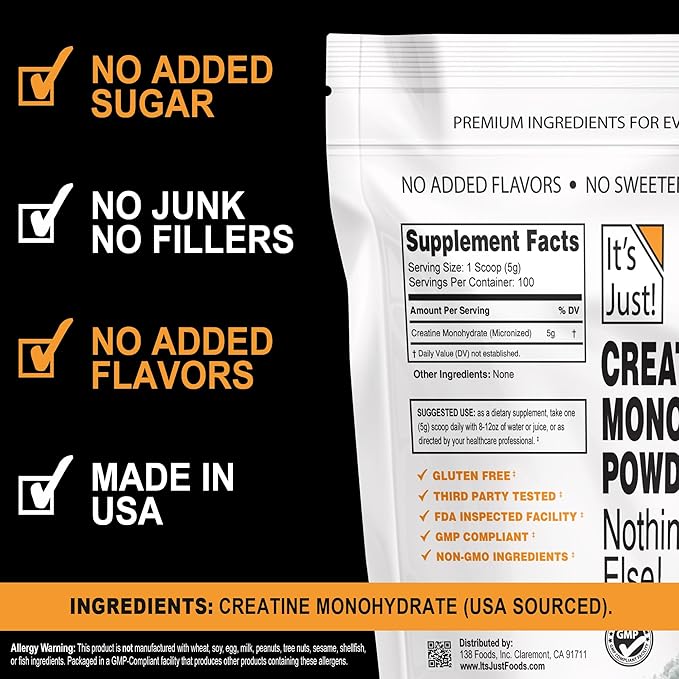 It's Just! - Creatine Monohydrate Powder, Pure Creatine Powder, Made in USA, 3rd Party Lab Tested, 5g Per Serving, Scoop Included, No Fillers, No Added Flavor (Unflavored, 500g / 100 Servings)