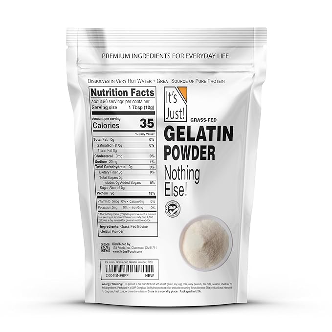 It's Just - Beef Gelatin Powder (32oz) Unflavored, Grass-Fed, Non-GMO, Perfect for Gummies, Keto Friendy Baking, Type I & III Collagen, Pure Protein, 2lbs