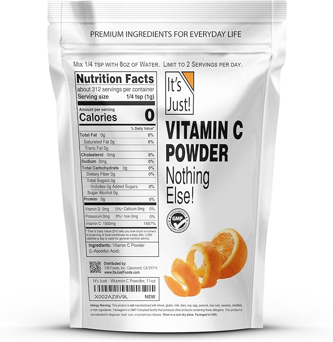 It's Just! - Vitamin C Powder, 100% Pure L-Ascorbic Acid, Food Grade, Immune Support, Homemade Cosmetics (11oz)