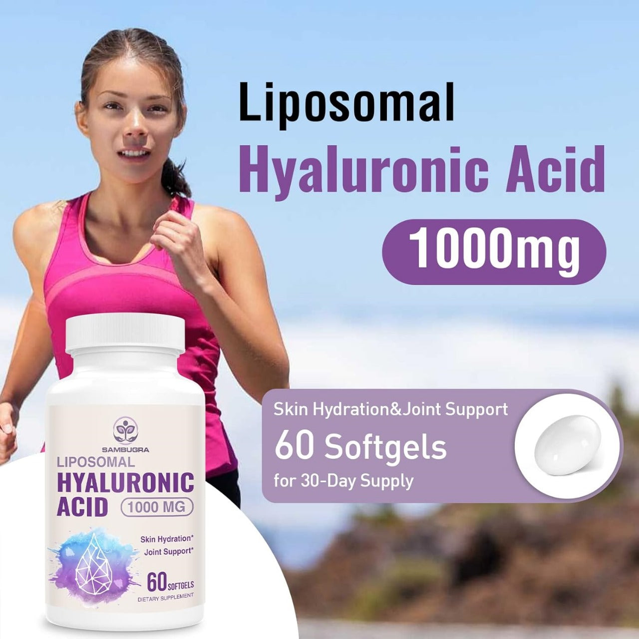 Liposomal Hyaluronic Acid 1000mg, High BioavailabilityHyaluronic Acid Capsules, Dietary Supplement Support Skin and Bones, 60 Capsules