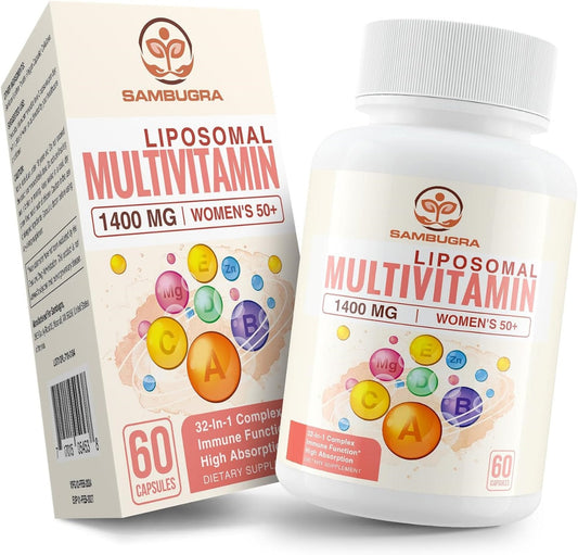 Liposomal Multivitamin for Women 50+ - Women Daily Multivitamin with 32 Ingredients, CoQ10, Vitamins C, B, D, E for Cardiovascular & Bone Health Support - Iron-Free (60 Capsules)