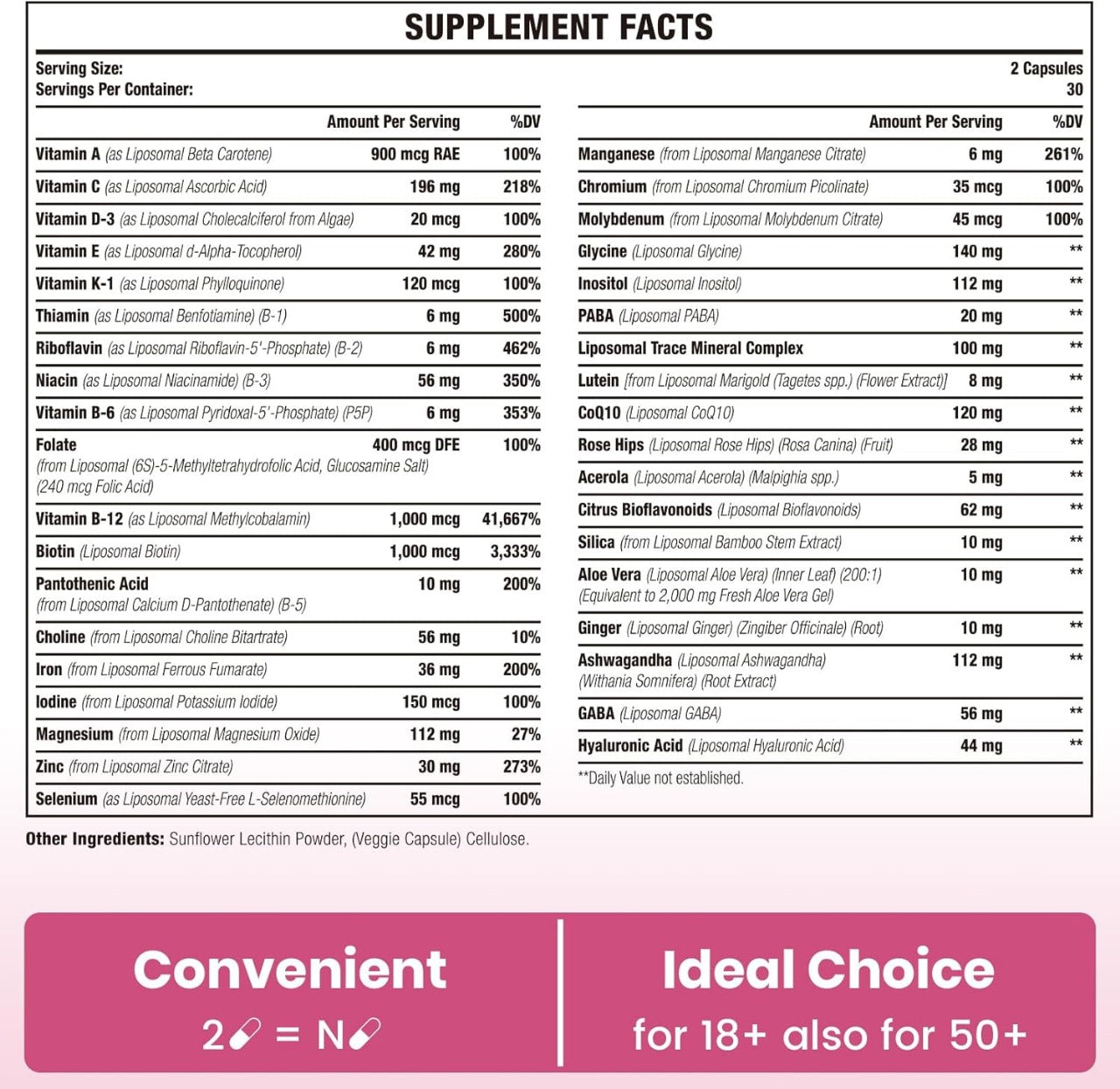 Liposomal Multivitamin for Women 1400MG - Womens Daily Multi Vitamins Supplements with Iron, Vitamin A, C, D, E and B Complex for Immune Health, Hair & Skin Support for Women 18+，120 Vegan Capsules