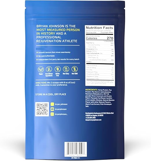 Blueprint by Bryan Johnson Vegan Protein Meal Replacement – Plant Based Hemp Protein with 27g Protein Per Serving – Low Calorie, Flavored Protein for Women & Men – Dairy Free – 15 Servings - Banana