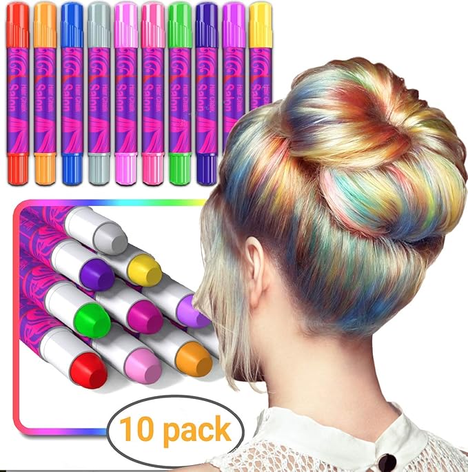 Hair Chalk for Girls Makeup Kit of 10 Temporary Colour Pens Gifts, Great Toy for Kids Age 5 6 7 8 9 10 11 12 13 Years Old, "Blue,Green,Grey,Pink,Purple